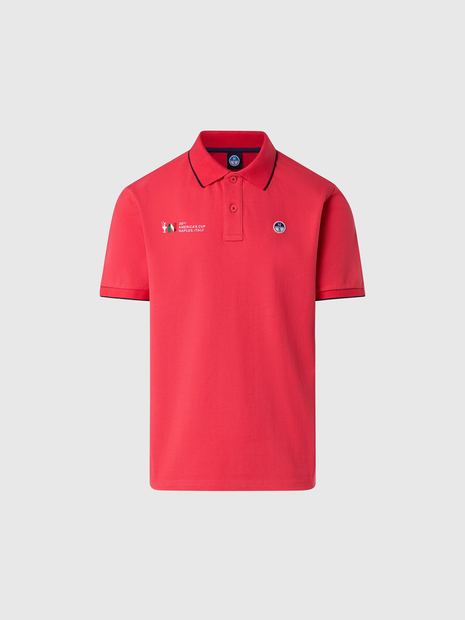 Polo a Maniche Corte con Collo a Righe in Contrasto Collezione North Sails AC38, Geranio